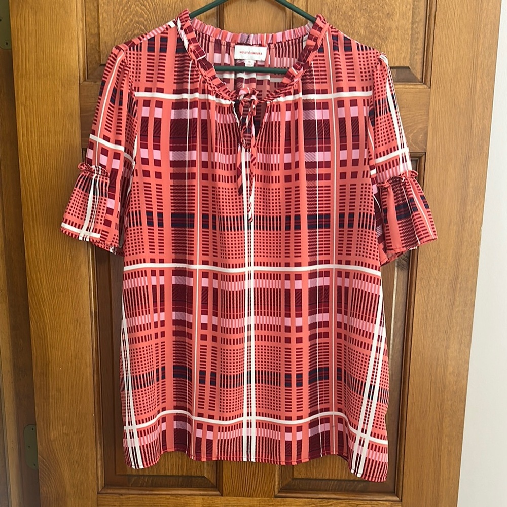 Cat Red Plaid Blouse with Ruffle Sleeves